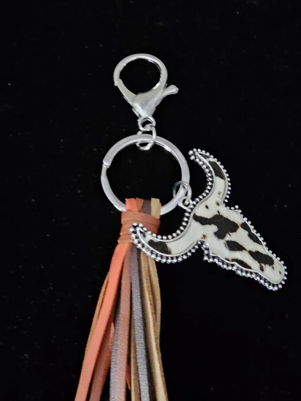 Western Tassel Leather Fringe Boho Steer Cow Bull Head Keychain Bag Charm New